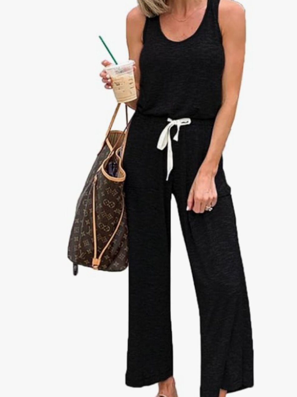 Amazon Essentials Black Sleeveless Jumpsuit with White Drawstring
